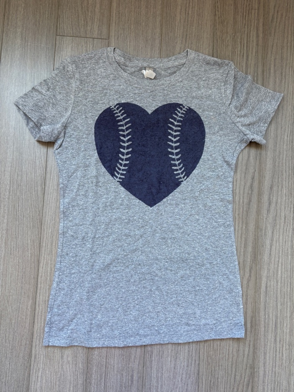 Women’s Gray Tee with Navy Baseball Heart (size S)